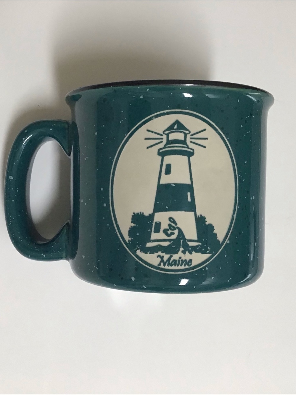 Maine Lighthouse Coffee Mug Green Speckle Ware 12 oz Tea Cup Thick Wall ME Sea